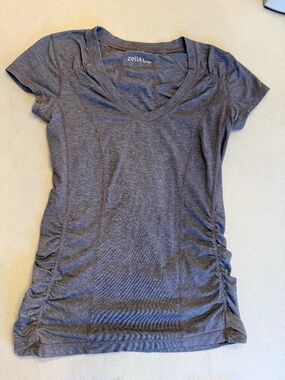 Blue Grey Cinched Neck Zella Workout Shirt Small